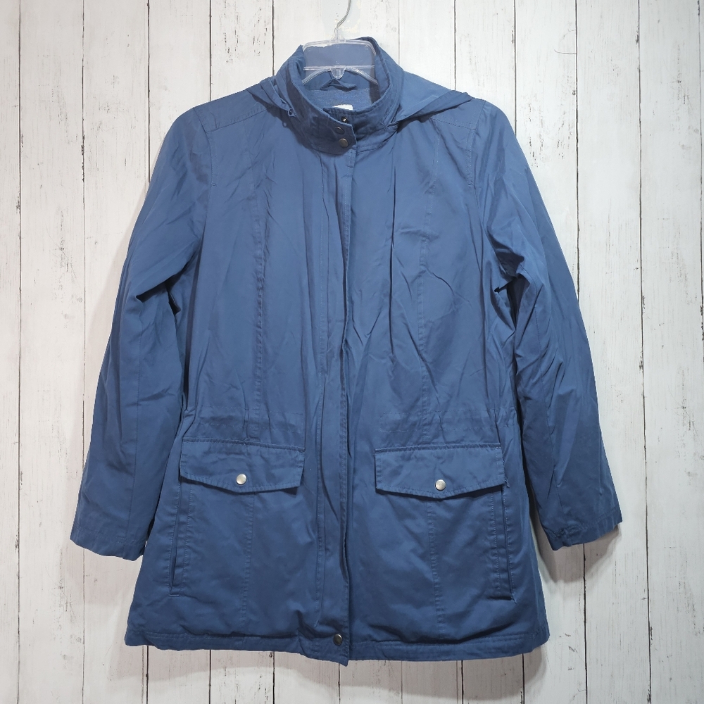 J. Jill Womens M Hooded Jacket Blue Drawstring Waist Long Sleeve Lined Midweight